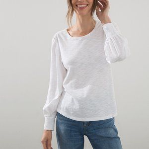 White Smocked Crew Neck Slub Tee Chico's Sz 3